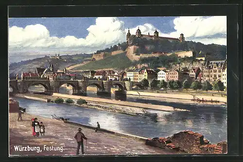 Künstler-AK Würzburg, Festung und Brücke