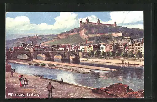 Künstler-AK Würzburg, Festung und Brücke