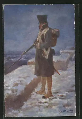 Künstler-AK Georg Mühlberg: Soldat schaut sich in der Winterlandschaft um