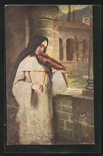 Künstler-AK Hermann Kaulbach: Ordensschwester beim Geige spielen