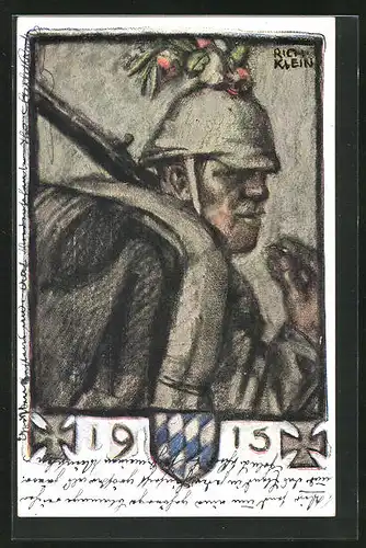 Künstler-AK Richard Klein: Soldat in Uniform mit Waffe 1915
