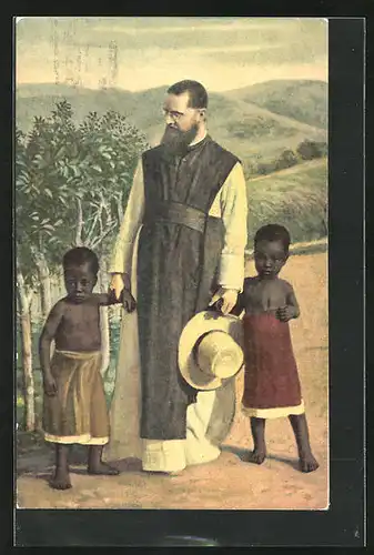 AK Mönch mit afrikanischen Kindern, Missionar