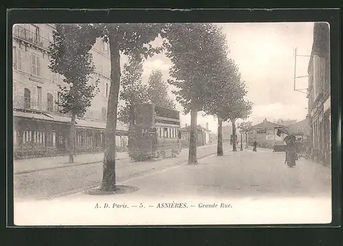 AK Asnières, Grande-Rue, Strassenbahn