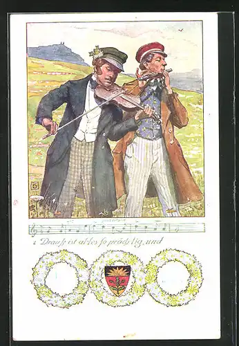 Künstler-AK Karl Friedrich Gsur: Deutscher Schulverein Nr. 107: Drauss ist alles so prächtig und..., Lied mit Noten