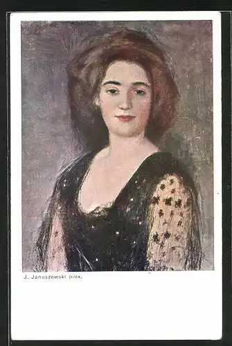 Künstler-AK sign. J. Januszewski: Gemälde einer lächelnden Frau