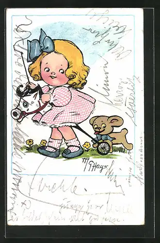 Künstler-AK sign. G. Hays: Karrikatur eines Mädchens und ihres Spielzeuges