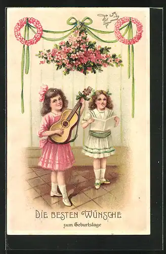 Präge-AK Zwei kleine Mädchen musizieren anlässliche eines Geburtstages
