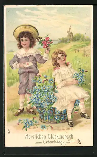 Präge-AK Zwei Kinder nebst einem Korb voller Blumen zum Geburtstag