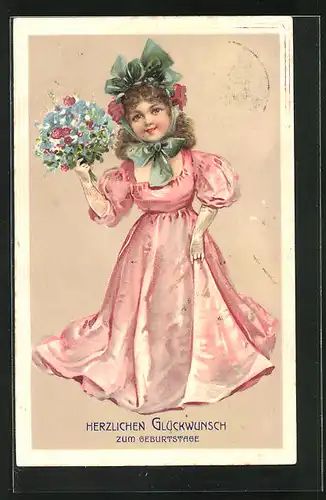 Präge-AK Mädchen in einem rosa Kleid mit Blumenstrauss, Geburtstag