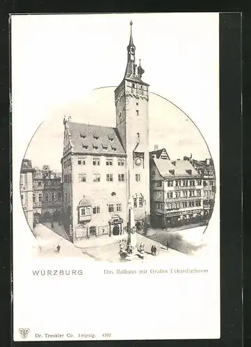 AK Würzburg, Das Rathaus mit Geschäft, Grafen Eckardtsturm und Denkmal