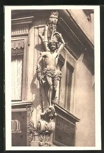 AK Würzburg, Würzburger Häuserschmuck, Renaissancefigur St. Stephanus, Strasseneck an der Dom- und Blasiusgasse