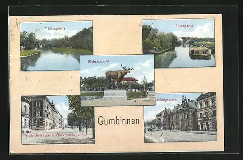 AK Gumbinnen, Königsstrasse mit Gebäudezeile, Elchstandbild, Friedrichstrasse mit Oberpostdirektion