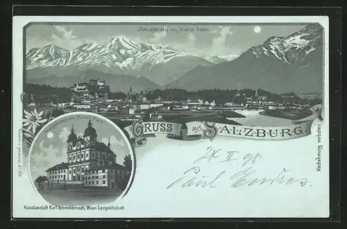 Mondschein-Lithographie Salzburg, Wallfahrtskirche Maria Plain, Gesamtansicht bei Nacht