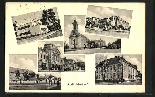 AK Zlaté Moravce, Marktplatz mit Kirche, Schule, Rathaus