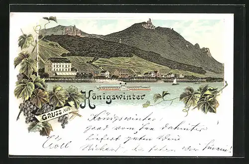 Lithographie Königswinter, Dampfschiff fährt an der Stadt vorbei