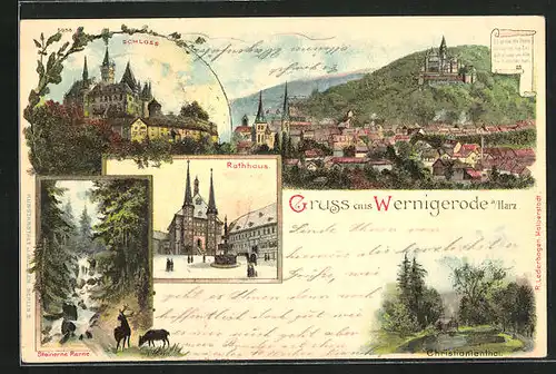 Lithographie Wernigerode a. Harz, Gesamtansicht mit Rathaus und Schloss