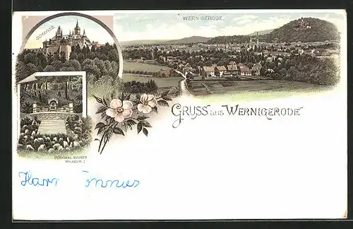 Lithographie Wernigerode, Denkmal Kaiser Wilhelm I, Schloss und Gesamtansicht
