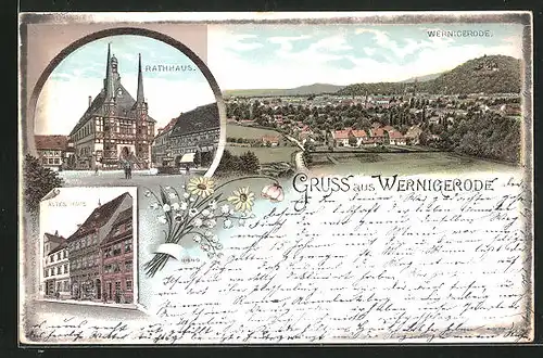 Lithographie Wernigerode, Ortsansicht und Blick auf das Rathaus