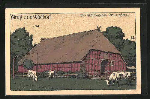 Steindruck-AK Meldorf, Alt-Dithmarsches Bauernhaus