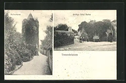 AK Treuenbrietzen, Strassenpartie mit Pulverturm, Heilige Geist Ruine