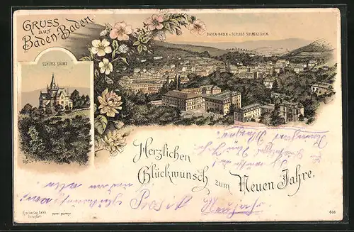 Lithographie Baden-Baden, Blick auf die Stadt vom Schloss Solms gesehen
