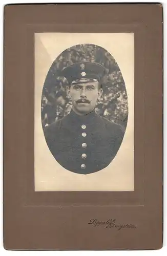 Fotografie Lippold, Königstein, Portrait Briefträger in Uniform mit Mütze, Kaiser Wilhelm Bart