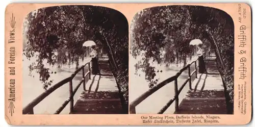 Stereo-Fotografie Griffith & Griffth, Chicago, Ansicht Niagara Falls, Ontario, Spaziergängerin auf Dufferin Island