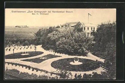 AK Büsum, Gasthaus Zum Erlengrund, Parkpartie mit Rabatten