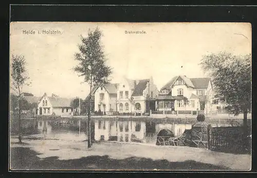 AK Heide / Holstein, Brahmsstrasse mit Herrenhäusern und Weiheridylle