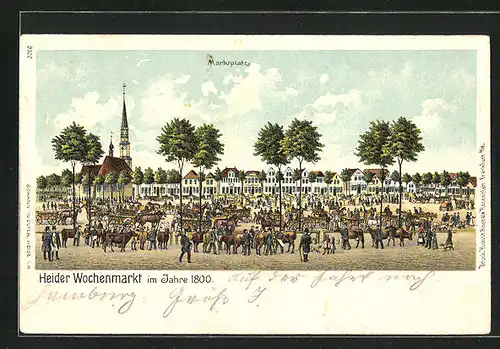 Lithographie Heide / Holstein, Wochenmarkt im Jahre 1800, Marktplatz