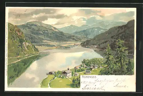 Künstler-AK Edward Theodore Compton: Achensee, Blick auf Dorf, See und Gebirge