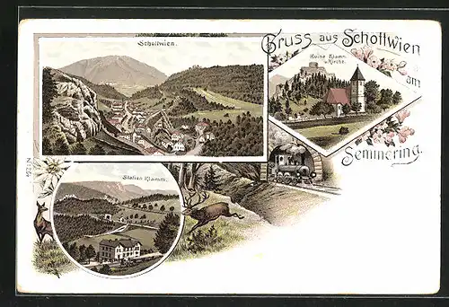 Lithographie Schottwien / Semmering, Ortsansicht aus der Vogelschau, Station Klamm