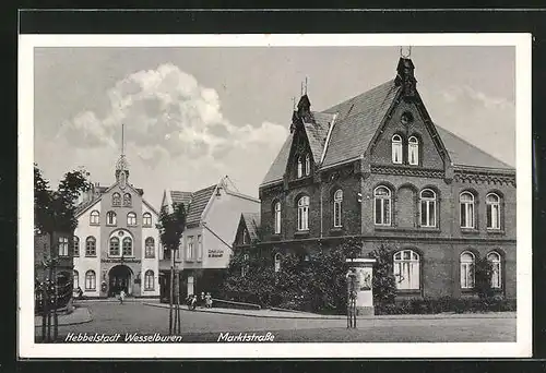 AK Wesselburen, Marktstrasse mit Hotel Stadt Hamburg und Litfasssäule