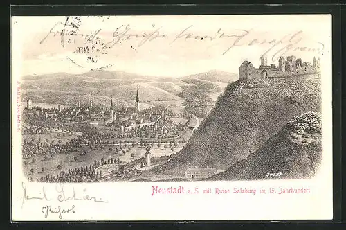 AK Neustadt a.S., Ortsansicht mit Ruine Salzburg im 15. Jahrhundert