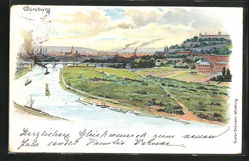 Lithographie Würzburg, Mainpartie mit Blick auf den Ort