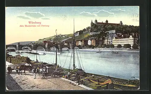 AK Würzburg, alte Mainbrücke mit Festung