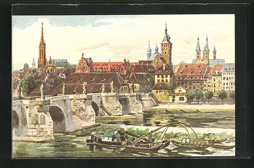 Künstler-AK Würzburg, alte Mainbrücke, Blick vom Mainviertel