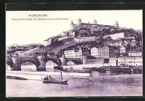 AK Würzburg, Mainufer mit Festung Marienberg, Käppele und alte Mainbrücke