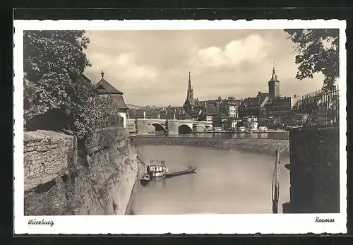 AK Würzburg, Blick auf das Mainufer mit Mainbrücke