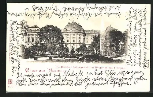 AK Würzburg, Residenz, Seitenansicht mit Hofgarten und Fontaine