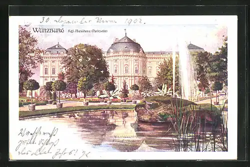 Künstler-AK Würzburg, Parkseite der Kgl. Residenz