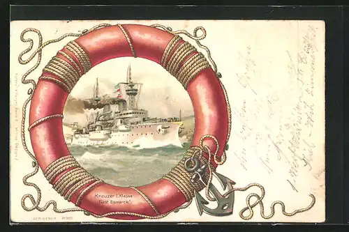 Lithographie Kreuzer I. Klasse Fürst Bismarck in einem Rettungsring