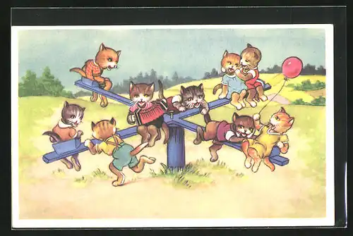 AK katzenkinder spielen vergnügt auf der Wippe eines Spielplatzes, vermenschlichte Tiere