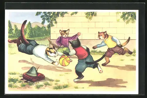 AK Fussballspiel unter wilden Katzenteenagern, vermenschlichte Tiere