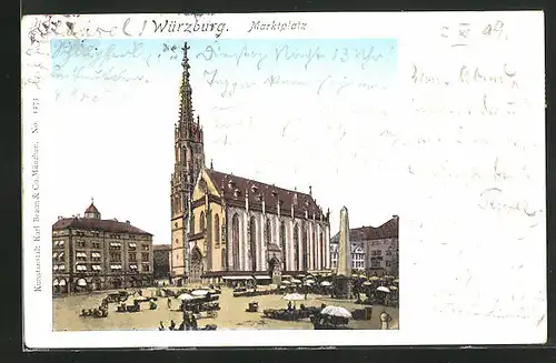 Goldfenster-AK Würzburg, Marktplatz und Kirche mit leuchtenden Fenstern