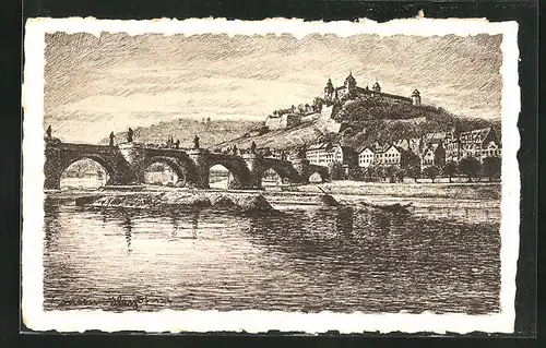 Künstler-AK Würzburg, Festung Marienburg und Mainbrücke