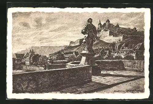 Künstler-AK Würzburg, Festung Marienburg von der alten Mainbrücke