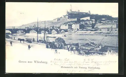 AK Würzburg, Mainansicht und Festung Marienberg