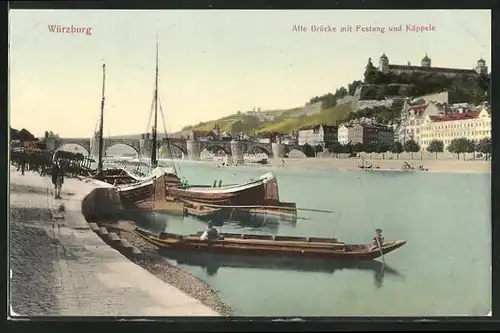 AK Würzburg, Alte Brücke mit Festung und Käppele