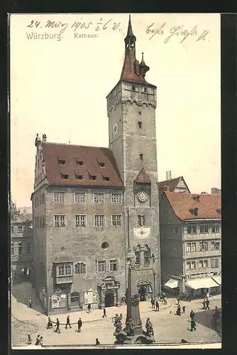 AK Würzburg, Vierröhrenbrunnen und Geschäfte am Rathaus